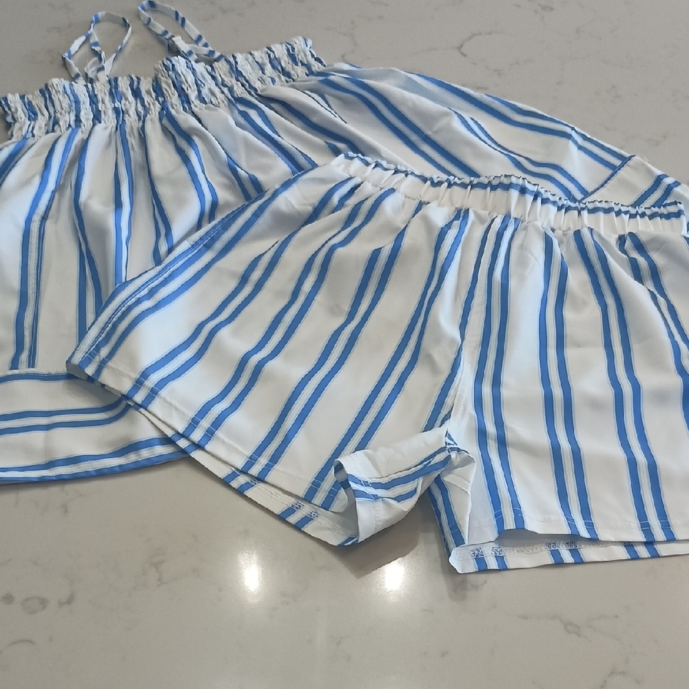 Blue and White Striped Two-Piece Set